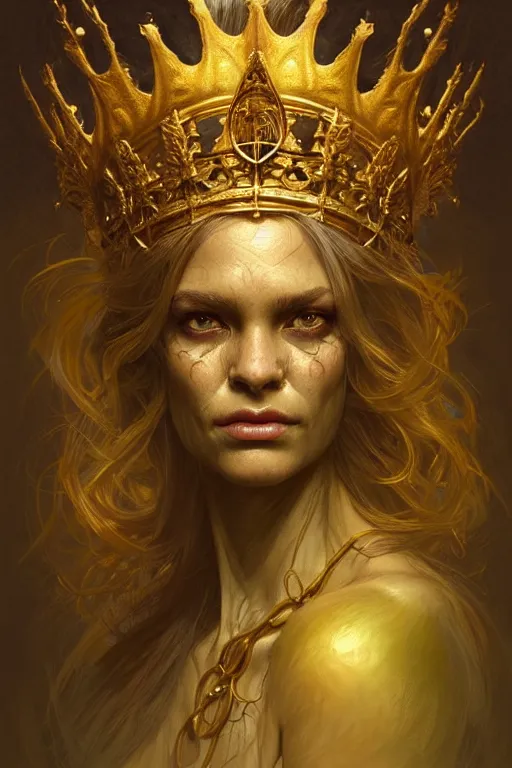 Image similar to Portrait of swamp monster with a golden crown on its head, D&D, face, fantasy, intricate, elegant, highly detailed, digital painting, artstation, concept art, smooth, sharp focus, illustration, art by artgerm and greg rutkowski and alphonse mucha