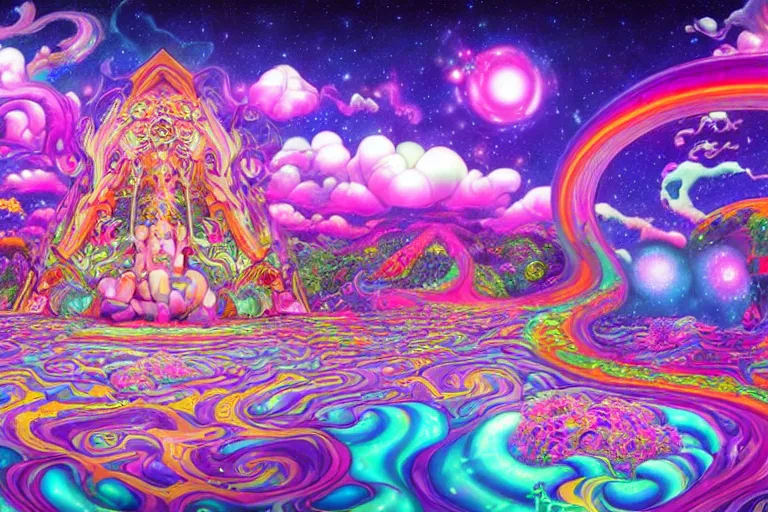 Image similar to a psychedelic realm at the edge of existence where intensely creative astral beings exist, in the style of WLOP, lisa frank, and masashi kishimoto, illustration, epic, fantasy, hyper detailed, smooth, unreal engine, sharp focus, ray tracing