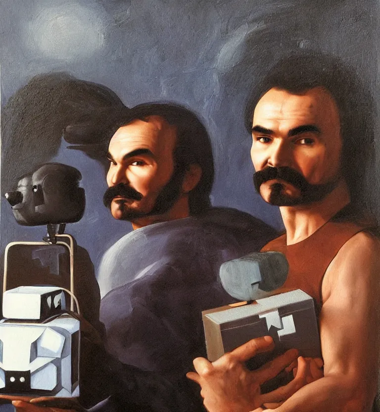 Prompt: oil painting half-length portrait of burt Reynolds holding the companion cube and a portal gun, by Leonardo da Vinci