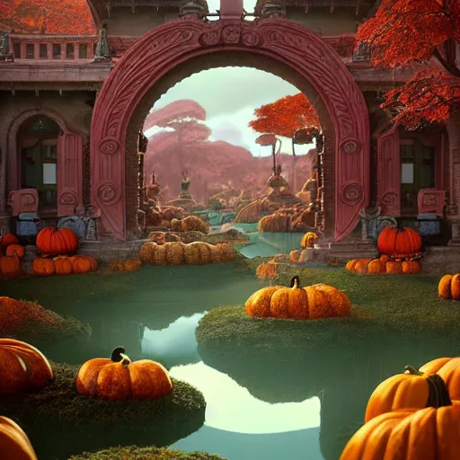 Image similar to infinite final fantasy candyland landscape fall god temple, moody, warm tones : : wes anderson, roger dean, sophie anderson, esao andrews : : ornate, dynamic, particulate, intricate, elegant, highly detailed, centered, artstation, smooth, sharp focus, octane render, 3 d