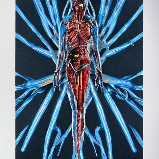 Image similar to blue crystal exploding, 4k (blue)!!, double exposures on 35mm film!, scissor people, scalier skin for moisture retention, x-chromosome pair of steel scissors joined in the center, adapted to a drier climate, Genetic isolation with different environmental pressures yields a variant of yautja by michael vincent, alien anatomyArt by Joel peter Witkin, art by hr Geiger, art by Brom, art by Todd McFarlane, 8k concept art, low poly, cinematic, horror, monsters, fur, shadows, full color, best practice, creature, cinematographic, cinematic, hyper realistic, detailed, 8k, octane render.