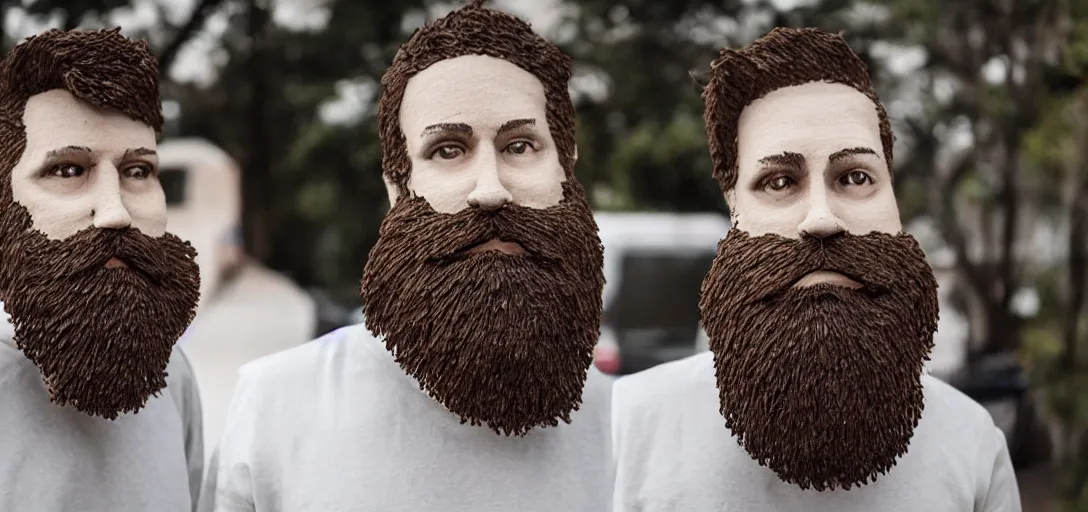 Image similar to a life size beard wearing a human on its face