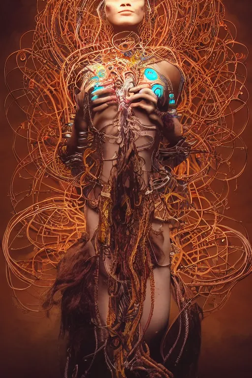 Image similar to an immaculate render of a dancing mystical tribal goddess adorned with robotic scrap and cables and synthesizer parts is surrounded by wild tentacles made from mandalas and incense smoke, full body, perfect face, powerful, cinematic, beautifully lit, by artgerm, by karol bak, 3 d, trending on artstation, octane render, 8 k