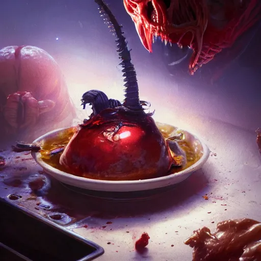 Image similar to A close up shot of a table-spread of amazing Alien food of strange things hot and fresh and steaming, ultra high detailed, oil painting, Greg Rutkowski, Charlie Bowater, Yuumei, Yanjun Cheng, unreal 5, DAZ, hyperrealistic, octane render, RPG portrait, dynamic lighting, fantasy art, beautiful