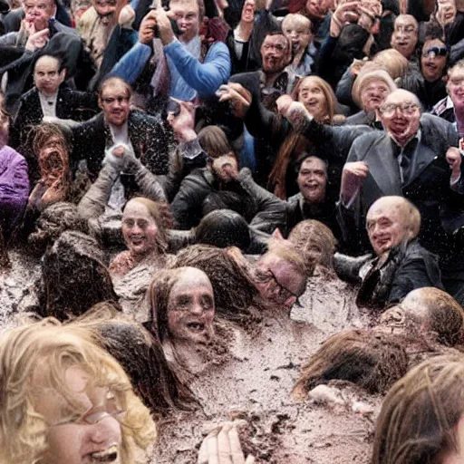 Prompt: several clones of stephen hawking raving in a muddy mosh pit