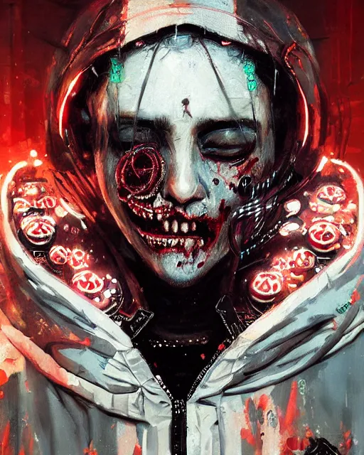 Image similar to detailed portrait zombie, cyberpunk futuristic neon, reflective puffy coat, decorated with traditional Japanese ornaments by Ismail inceoglu dragan bibin hans thoma greg rutkowski Alexandros Pyromallis Nekro Rene Maritte Illustrated, Perfect face, fine details, realistic shaded, fine-face, pretty face