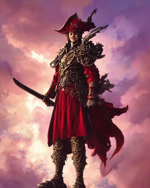 Image similar to A Full View of a Red Mage wearing magical ornate armor and a pirate hat surrounded by an epic cloudscape. Magus. Red Wizard. masterpiece 4k digital illustration by Ruan Jia and Mandy Jurgens and Artgerm and greg rutkowski and Alexander Tsaruk and WLOP and Range Murata, award winning, Artstation, art nouveau aesthetic, Alphonse Mucha background, intricate details, realistic, panoramic view, Hyperdetailed, 8k resolution, intricate art nouveau