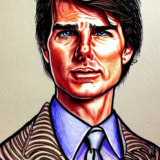 Image similar to a portrait drawing of Tom Cruise drawn by Robert Crumb