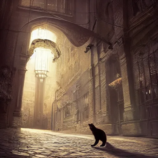 Image similar to a cat in a cloak, in a fantastic city , dramatic lighting, cinematic, establishing shot, extremely high detail, foto realistic, cinematic lighting, post processed, concept art, high details, cinematic, 8k resolution, beautiful detailed, photorealistic, digital painting, artstation, concept art, smooth, sharp focus, artstation trending, octane render, unreal engine