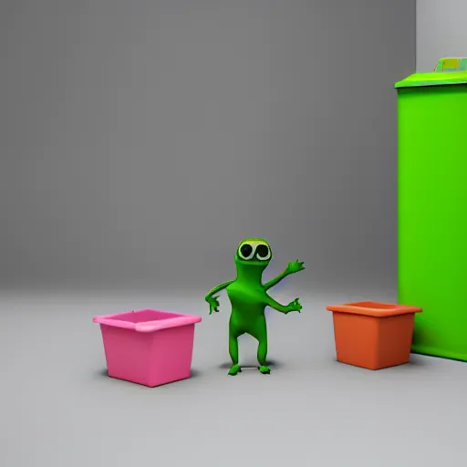 Prompt: isometric minimalistic precisionist backroom with pepe the frog and trashcans, cinema 4 d, 1 0 0 0 0 mm, green and pink color scheme depth of field, octane render, studio lighting