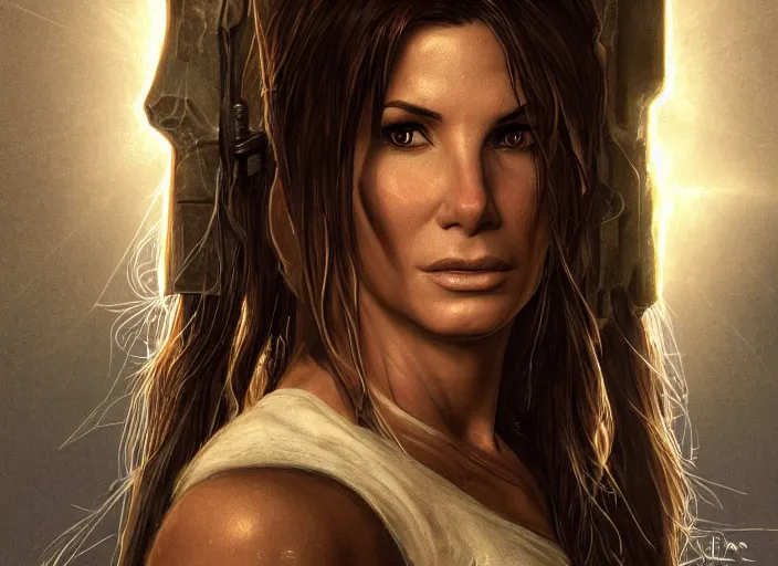 Image similar to face portrait of concentrated young Sandra Bullock as Lara Croft entering the large Minas Tirith gate, sun beams, intricate, elegant, highly detailed, centered, digital painting, artstation, concept art, smooth, sharp focus, illustration, Allan Lee, John Howe