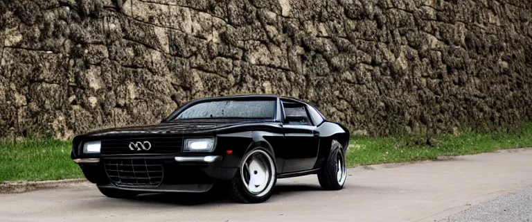 Image similar to all black audi camaro b 1 ( 1 9 6 7 ), restomod, establishing shot