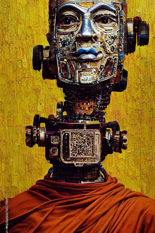 Image similar to robot monk painting a self - portrait on a canvas. intricate, highly detailed, photorealistic, film still, by christopher doyle.