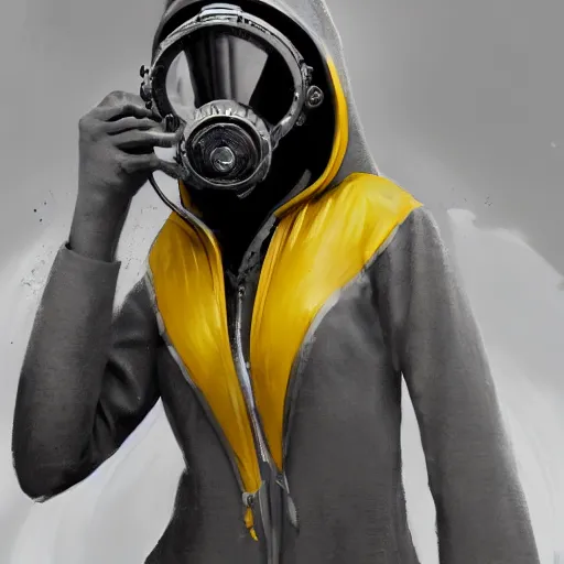 Image similar to luxury advertisement, a highly detailed epic cinematic concept art CG render digital painting artwork of a girl in a grey hoodie with a yellow rebreather half-mask. By Greg Rutkowski, Ilya Kuvshinov, WLOP, Stanley Artgerm Lau, Ruan Jia and Fenghua Zhong, trending on ArtStation, made in Maya, Blender and Photoshop, octane render, excellent composition, cinematic atmosphere, dynamic dramatic cinematic lighting, aesthetic, very inspirational, arthouse