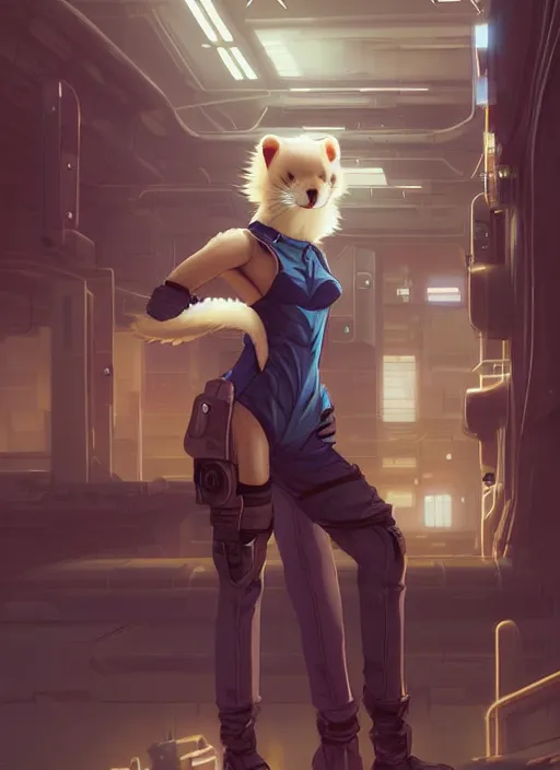 Prompt: beautiful portrait of a sexy female furry anthro ferret fursona wearing mechanic clothes in a cyberpunk spaceship hangar. character design by charlie bowater, ross tran, artgerm, and makoto shinkai, detailed, inked, manga cover, anime.