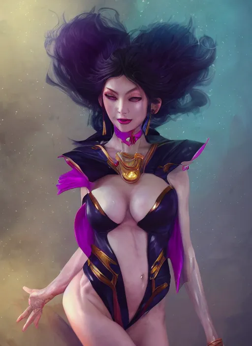 Image similar to leblanc, from league of legends, kebaya black horse, au naturel, hyper detailed, digital art, trending in artstation, cinematic lighting, studio quality, smooth render, unreal engine 5 rendered, octane rendered, art style by klimt and nixeu and ian sprigger and wlop and krenz cushart