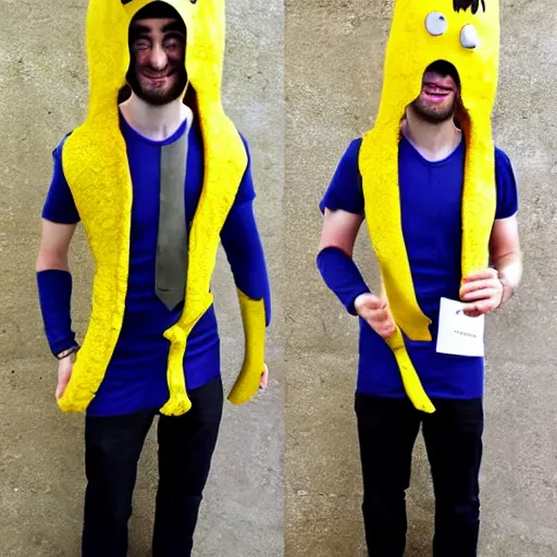 Image similar to banana costume, looking like daniel radcliffe, ultra details, photo realistic