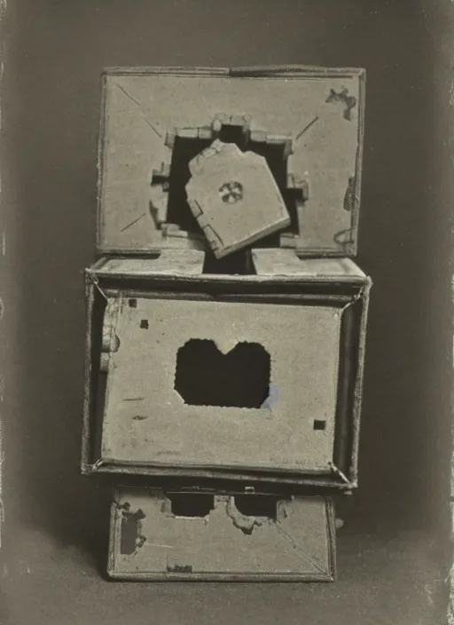 Prompt: 1 8 8 5 photo of a riveted companion cube from portal 2, daguerrotype, high quality