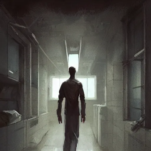 Image similar to concept art by greg rutkowski, a very tall and slender young man, dressed in patient clothes and an open sweatshirt, wandering through a desolate futuristic hospital, dimly lit, frightening, scifi, highly detailed portrait, digital painting, artstation, concept art, smooth, sharp foccus ilustration, artstation hq