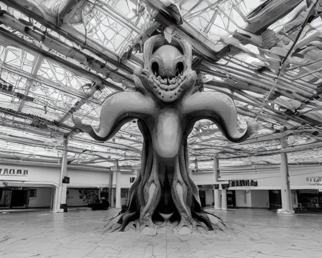 Image similar to camera footage of a extremely aggressive Giant mutated Octopus with glowing white eyes, Human Features, Teeth, in an abandoned shopping mall, Psychic Mind flayer, Terrifying, Silhouette :7 , high exposure, dark, monochrome, camera, grainy, CCTV, security camera footage, timestamp, zoomed in, Feral, fish-eye lens, Fast, Radiation Mutated, Nightmare Fuel, Wolf, Evil, Bite, Motion Blur, horrifying, lunging at camera :4 bloody dead body, blood on floors, windows and walls :5