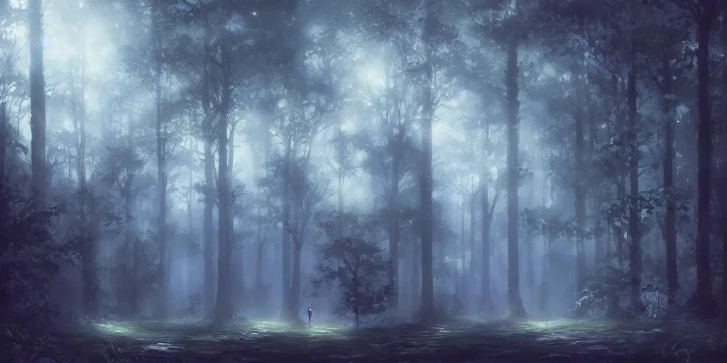 Image similar to a forest at night, cinematic angle, studio Ghibli, cinematic lighting, digital art, detailed oil painting, hyperrealistic, 8k