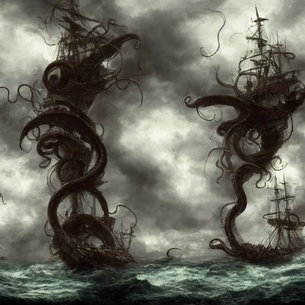 Prompt: A giant tentacle monster attacks a pirate ship at the edge of the world under a heavy rainstorm, 4k detailed digital art