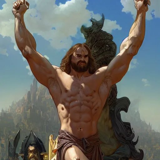 Image similar to hulking herculean ogre jesus christ crucified on the cross, masterpiece, intricate, elegant, highly detailed, digital painting, artstation, concept art, smooth, sharp focus, illustration, art by artgerm and greg rutkowski and alphonse mucha and uang guangjian and gil elvgren and sachin teng, symmetry!!