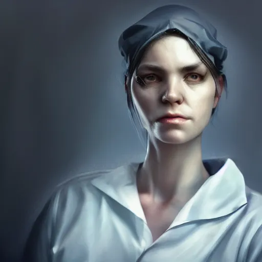 Image similar to I've had a rough day, healthcare worker, nurse, perfect eyes, full body shot, portrait, sad, tired, fantasy, beautiful face, medieval, vivid colors, elegant, concept art, sharp focus, digital art, Hyper-realistic, 4K, Unreal Engine, Highly Detailed, HD, Dramatic Lighting by Brom, trending on Artstation