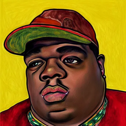 Image similar to a portrait of biggie smalls in style of egon schiele, notorious b. i. g., masterpiece, hyperdetailed, complex, intricate, 4 k, trending on artstation