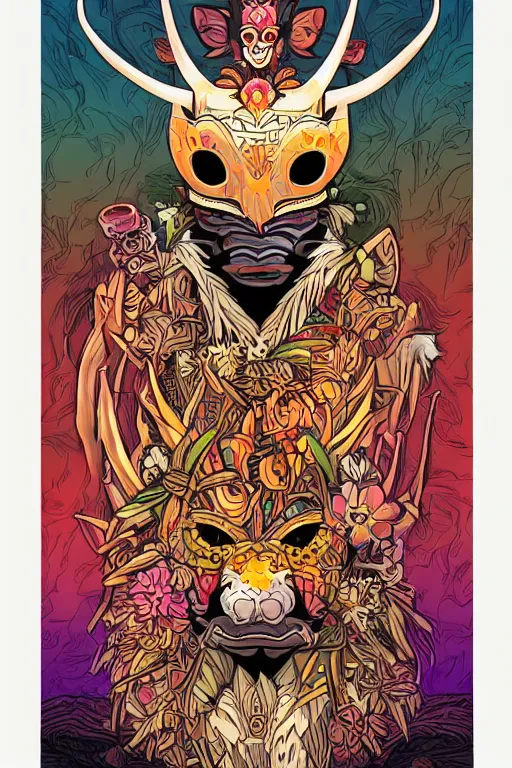 Image similar to animal mask totem roots flower tribal feather gemstone plant wood rock shaman vodoo video game vector cutout illustration vivid multicolor borderlands comics by josan gonzales and dan mumford radiating a glowing aura