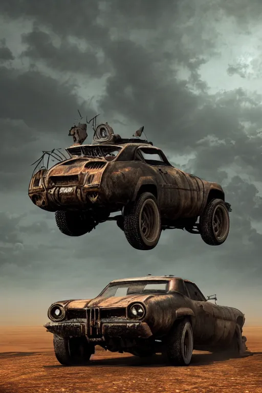 Image similar to ultra realist 3d soft paint of a gothic four wheel vehicle fully armored, Mad Max and Fallout, symmetry accurate features, very intricate details, ominous sky, volumetric light clouds, post apocalyptic background