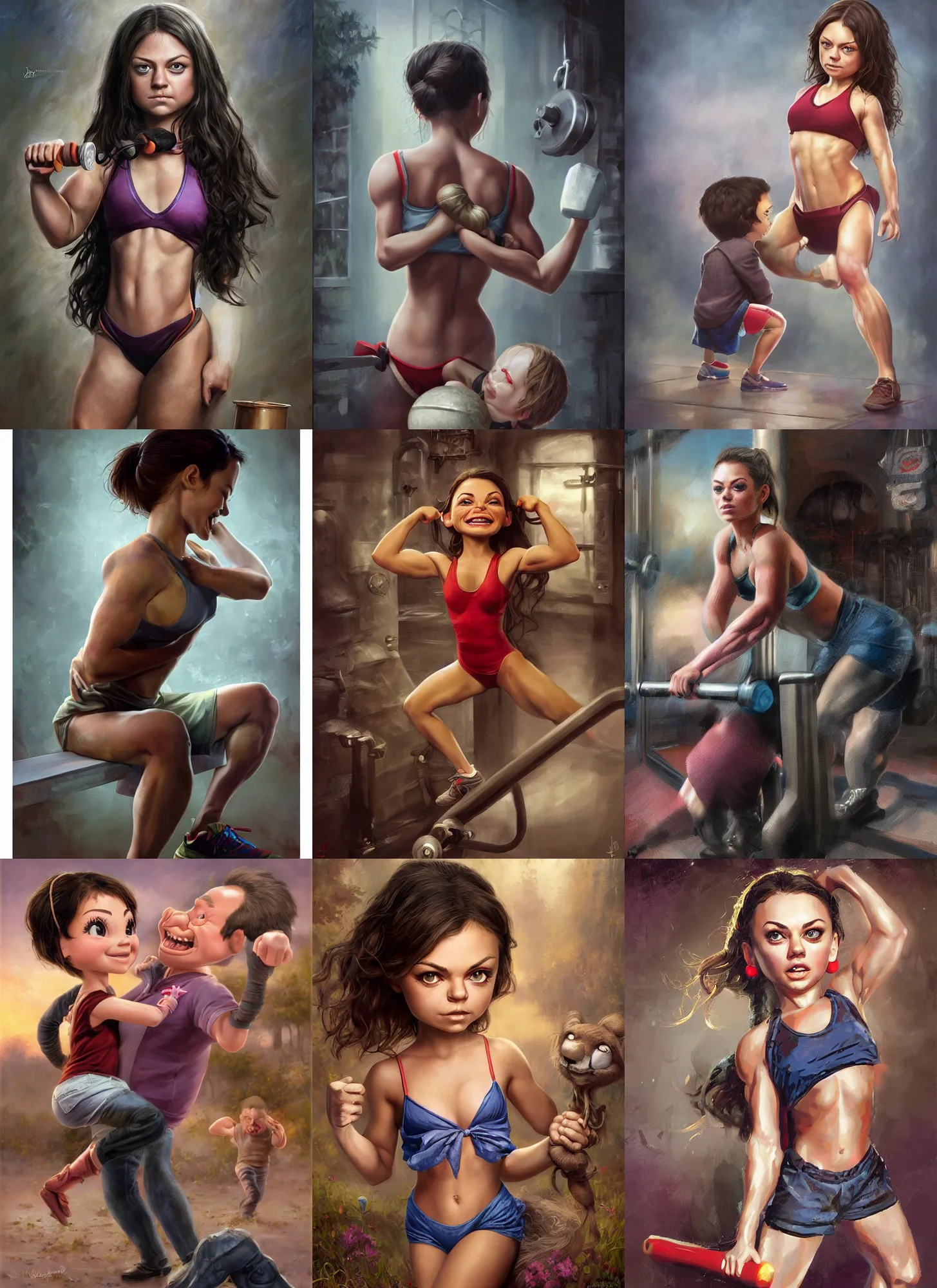 Prompt: wlop, steve argyle, ilya kuvshinov, little laughing bodybuilder mila kunis working out,, ralph horsley, rossdraw, mark ryden, daniel f. gerhartz, sophie anderson, lilia alvarado, tom chambers