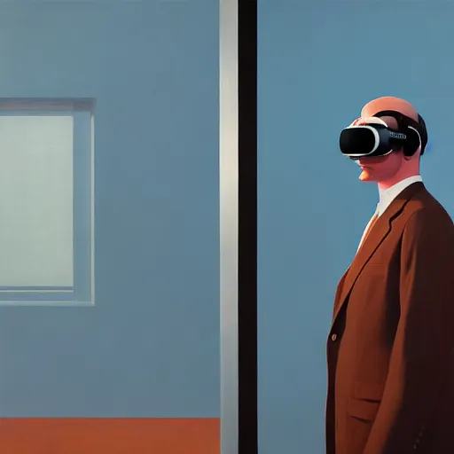 Prompt: Portrait of a man wearing a business wearing vr glass, very coherent, painted by Edward Hopper, Wayne Barlowe, painted by James Gilleard, airbrush, art by JamesJean