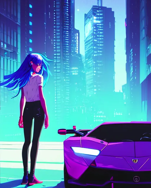 Image similar to digital illustration of cyberpunk pretty girl with blue hair, standing in front of a purple lamborghini, in city street at night, by makoto shinkai, ilya kuvshinov, lois van baarle, rossdraws, basquiat