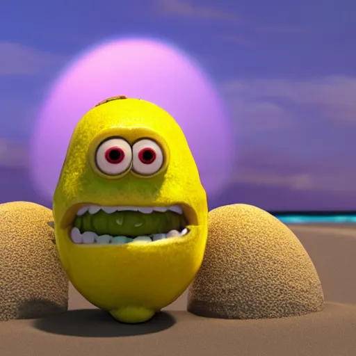 Prompt: 3 d octane render, of an anthropomorphic lemon character looks like monster from the movie وmonsters inc, with lemon skin texture, he is wearing a hat, building a sandcastle on the beach at sunset, beach, huge waves, sun, clouds, long violet and green trees, rim light, cinematic photography, professional, sand, sandcastle, volumetric lightening
