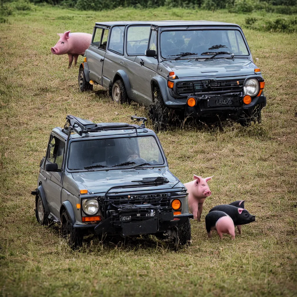 Prompt: pig driving, lada niva, award winning photography