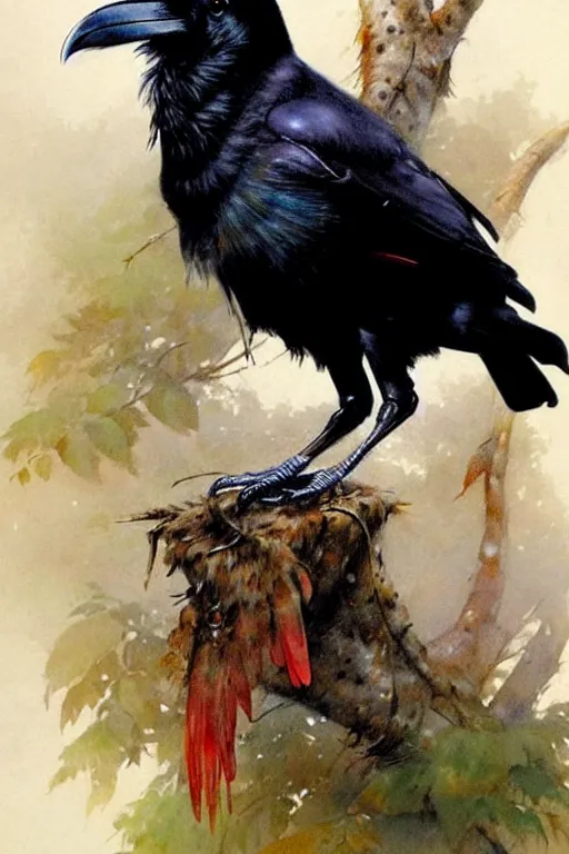 Prompt: adventurer ( ( ( ( ( 1 9 5 0 s retro future raven bird. forrest in background. muted colors. ) ) ) ) ) by jean baptiste monge!!!!!!!!!!!!!!!!!!!!!!!!! chrome red