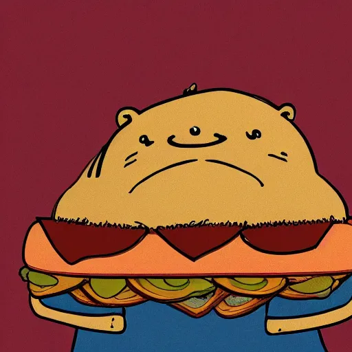 Prompt: A humanoid obese capybara eating a burger, digital art