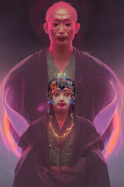 Image similar to portrait of yokai bodhisattva vajrayana dzogchen ninja slayer, japan, in cyberpunk, neon lighting, night city, digital art from artstation by Ruan Jia and Mandy Jurgens and Artgerm and william-adolphe bouguereau and Greg Rutkowski