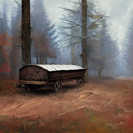 Image similar to an abandoned wagon in the woods, concept art, rutkowski