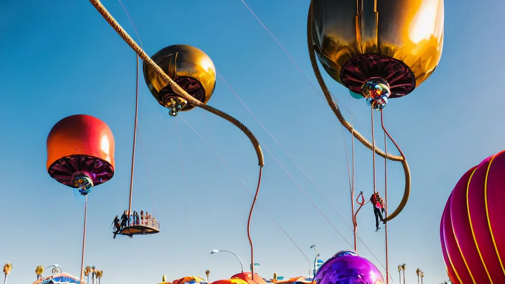 Image similar to large colorful futuristic space age metallic steampunk balloons with pipework and electrical wiring around the outside, and people on rope swings underneath, flying high over the beautiful santa monica pier city landscape, professional photography, 8 0 mm telephoto lens, realistic, detailed, photorealistic, photojournalism