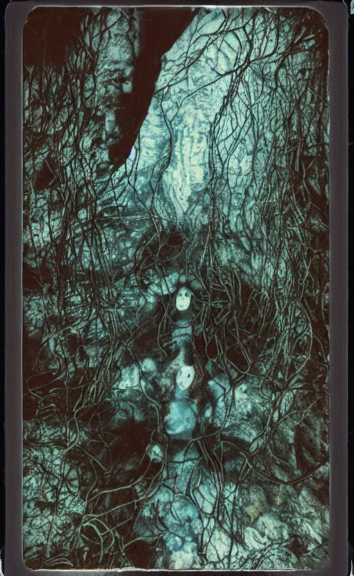 Prompt: blue vines in a dark cave forming a human face, creepy, extreme detail, realistic, polaroid color photo, vintage, stunning 8 k, neutral colors, by gregory crewdson