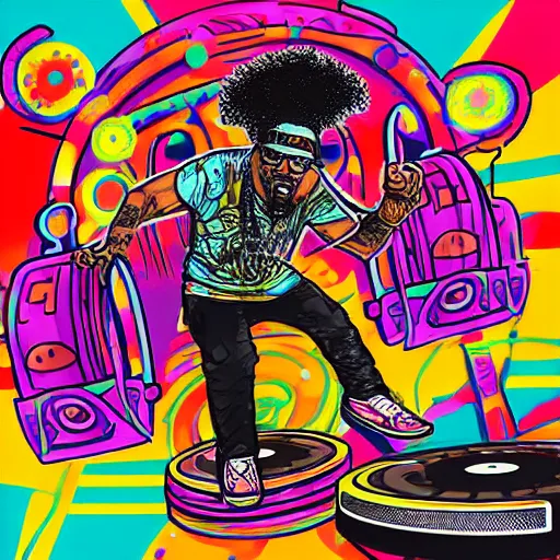 Image similar to svg sticker of a Dancing-Ben-Harper-Snoop-Spike-Lee-with-a-large-Afro-Puff, at a rave, spinning records, giant headphones rocking out, wearing headphones, huge speakers, dancing, rave, DJ, spinning records, digital art, amazing composition, rule-of-thirds, award-winning, trending on artstation, featured on deviantart