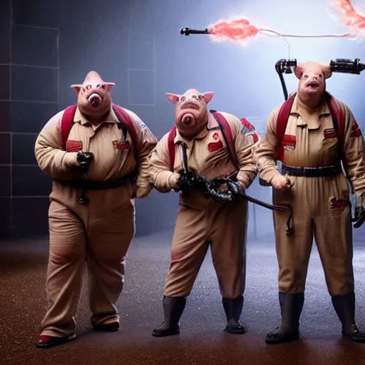 Image similar to Live Action Still Pig Man As Ghostbusters, real life, hyperrealistic, ultra realistic, realistic, highly detailed, epic, HD quality, 8k resolution, body and headshot, film still,Exquisite detail, post-processing, masterpiece, Cinematic Lighting, Unreal Engine, 8k, HD