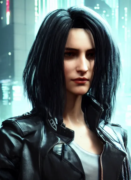 Image similar to black haired woman in a trench coat in a black cyberpunk 2 0 7 7, intricate, ultra detailed, face enhance, realistic