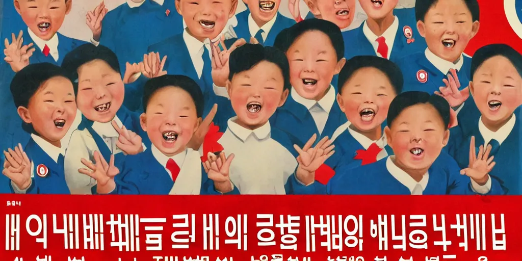 Prompt: north korean propaganda poster full of happy children