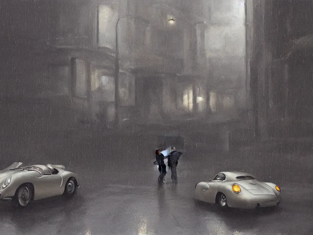 Image similar to Mysterious figure swings a heavy sledgehammer at a silver Porsche 550 with its headlights on, parked on the side of the road in the city of Cologne in the rain, by George Tooker, moody, ominous, lighting, hyper-realistic.