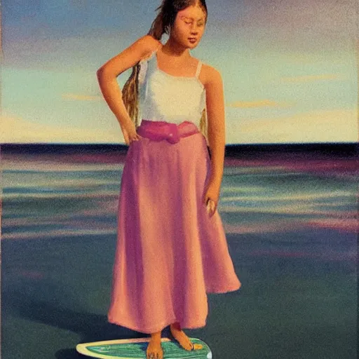 Image similar to by heywood hardy, by matti suuronen saturated, tender. the conceptual art of a young girl in a traditional hula outfit. she is standing on a surfboard in front of a beautiful ocean landscape.