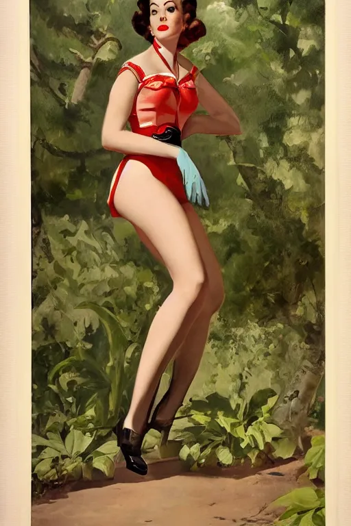 Image similar to a portrait of a one full body pin up post war, dressing a military unioform, garden backgound Gil Elvgren style