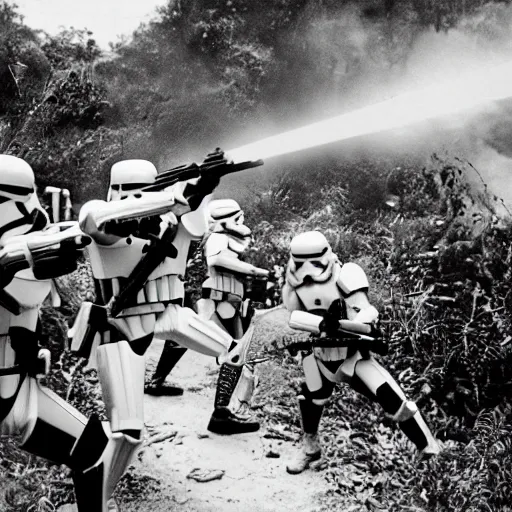 Image similar to star wars clone troopers combat soldiers in vietnam, photo, old picture, lush landscape, jungle, firearms, explosions, helicopters, aerial combat, active battle zone, flamethrower, air support, jedi, land mines, gunfire, violent, star destroyers, star wars lasers, sci - fi, jetpacks, agent orange, bomber planes, smoke, trench warfare